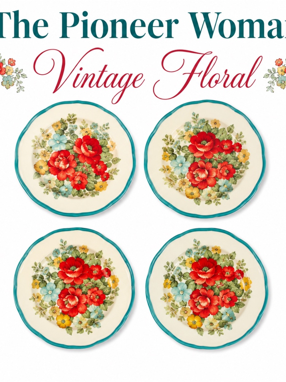 The Pioneer Woman Vintage Floral Salad Plates Set of 4 Teal Scalloped Floral